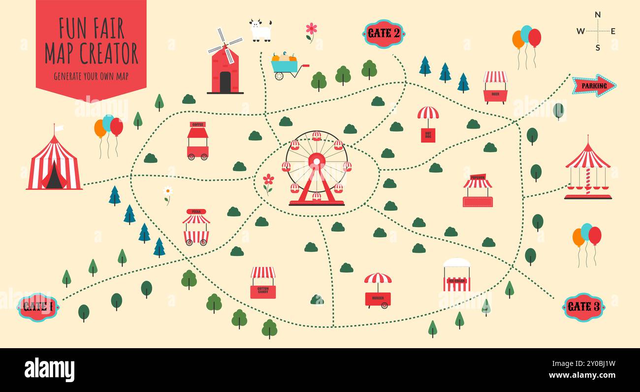 Fun fair and amusement park map - Fun Fair And Amusement Park Map Creator Carnival Elements On Festival Map Plan With Ferris Wheel Tent Carousel Street Food Stalls And Other Objects Flat Vector Illustration 2Y0BJ1W