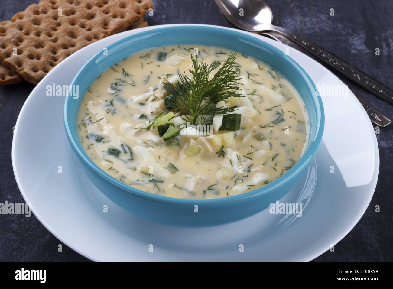 Cold Spring Soup Spring, summer cold soup with cucumbers, potato, dill, chicken and eggs ...