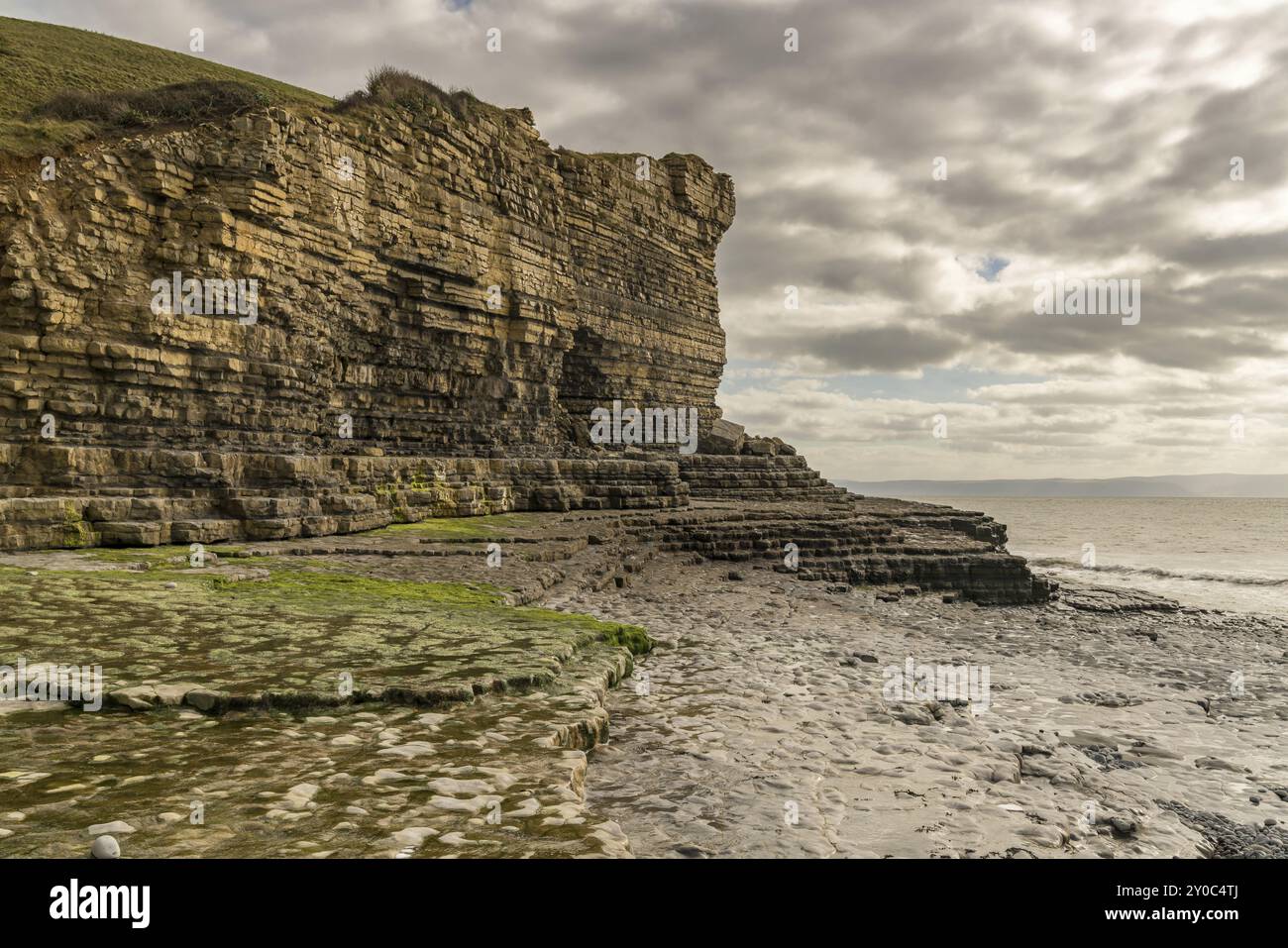 Cliffs on a cloudy day at Monknash Beach in South Glamorgan, Wales, UK Stock Photo