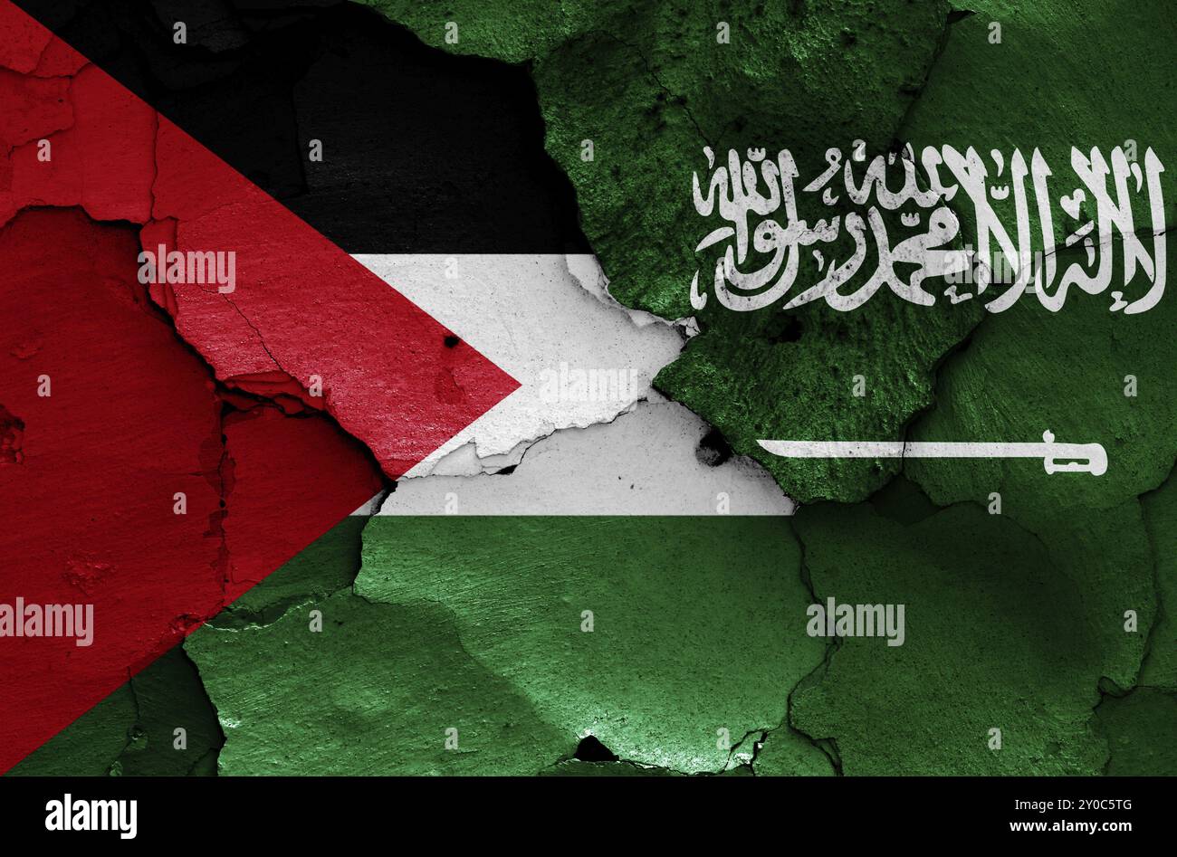 Flags of Palestine and Saudi Arabia painted on cracked wall Stock Photo
