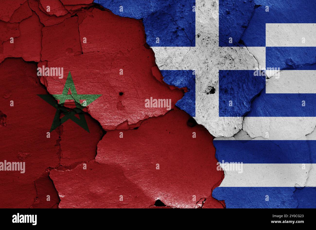 Flags of Morocco and Greece painted on cracked wall Stock Photo - Alamy