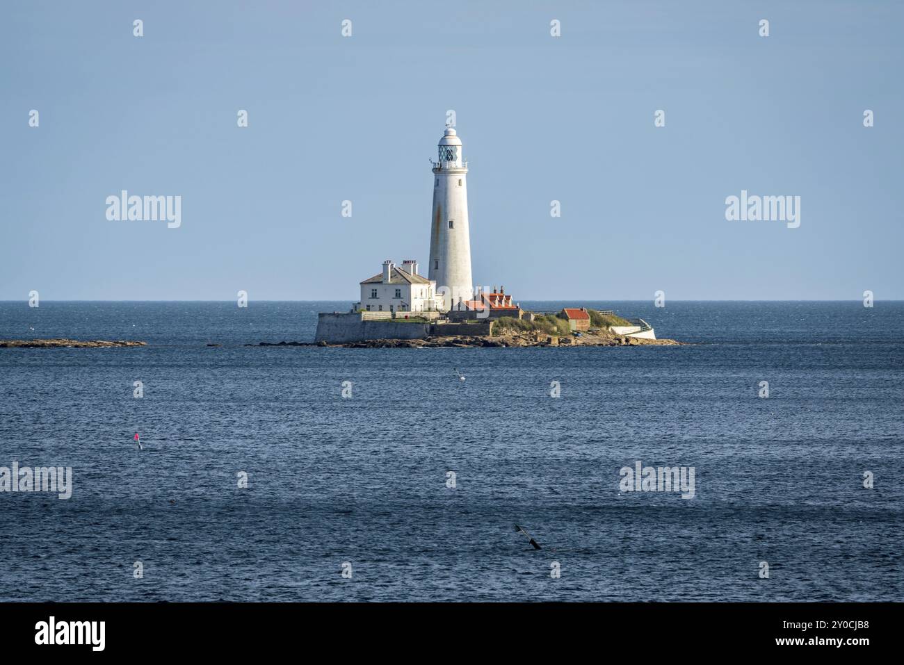Seaton Sluice in Northumberland, England, UK, September 11, 2018: St. Mary's Lighthouse, seen from Collywell Bay Stock Photo