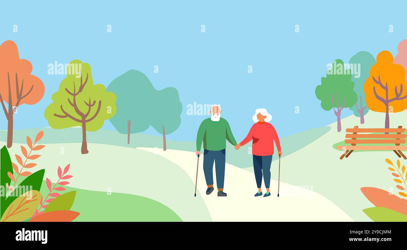 A colorful vector illustration of an elderly couple walking hand-in ...
