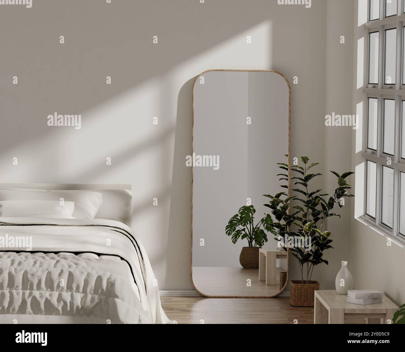 Bedroom with Large Mirror and Greenery - Modern Interior Design 3D ...