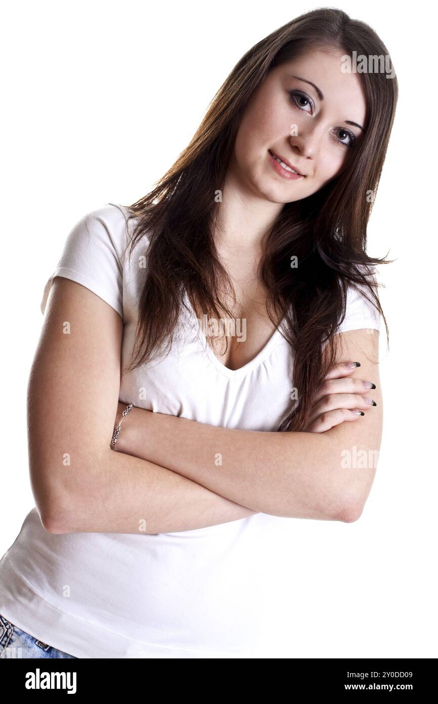 Smiling young woman posing on a white background Stock Photo - Alamy