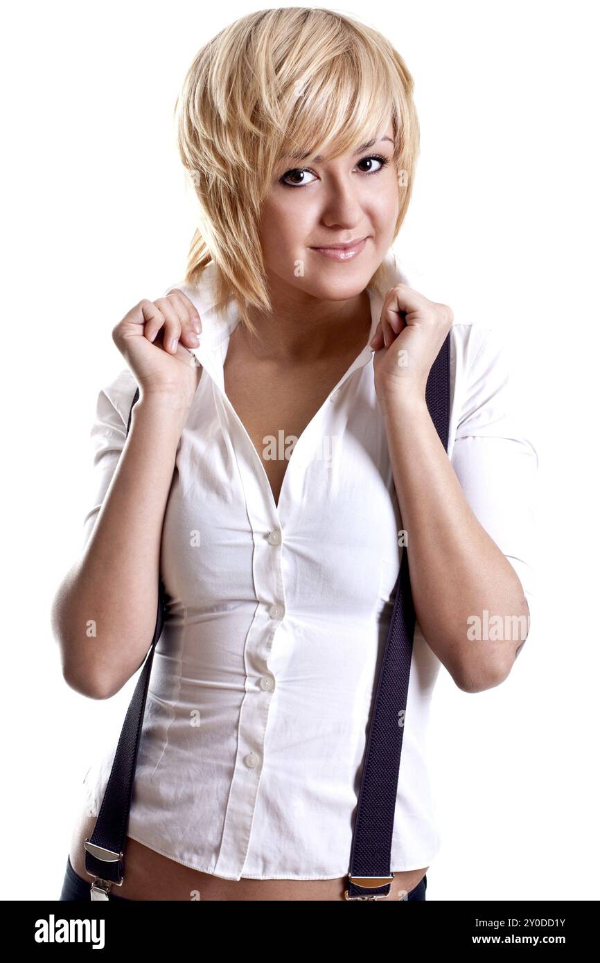 Business woman in a suit on a white background Stock Photo - Alamy