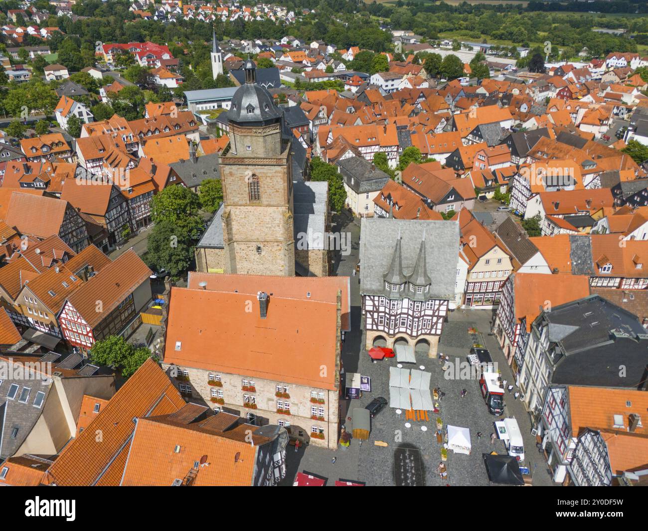 Aerial view of the centre of a historic town with red tiled roofs, half-timbered houses and a church, aerial view, wine house, Walpurgis church, town Stock Photo