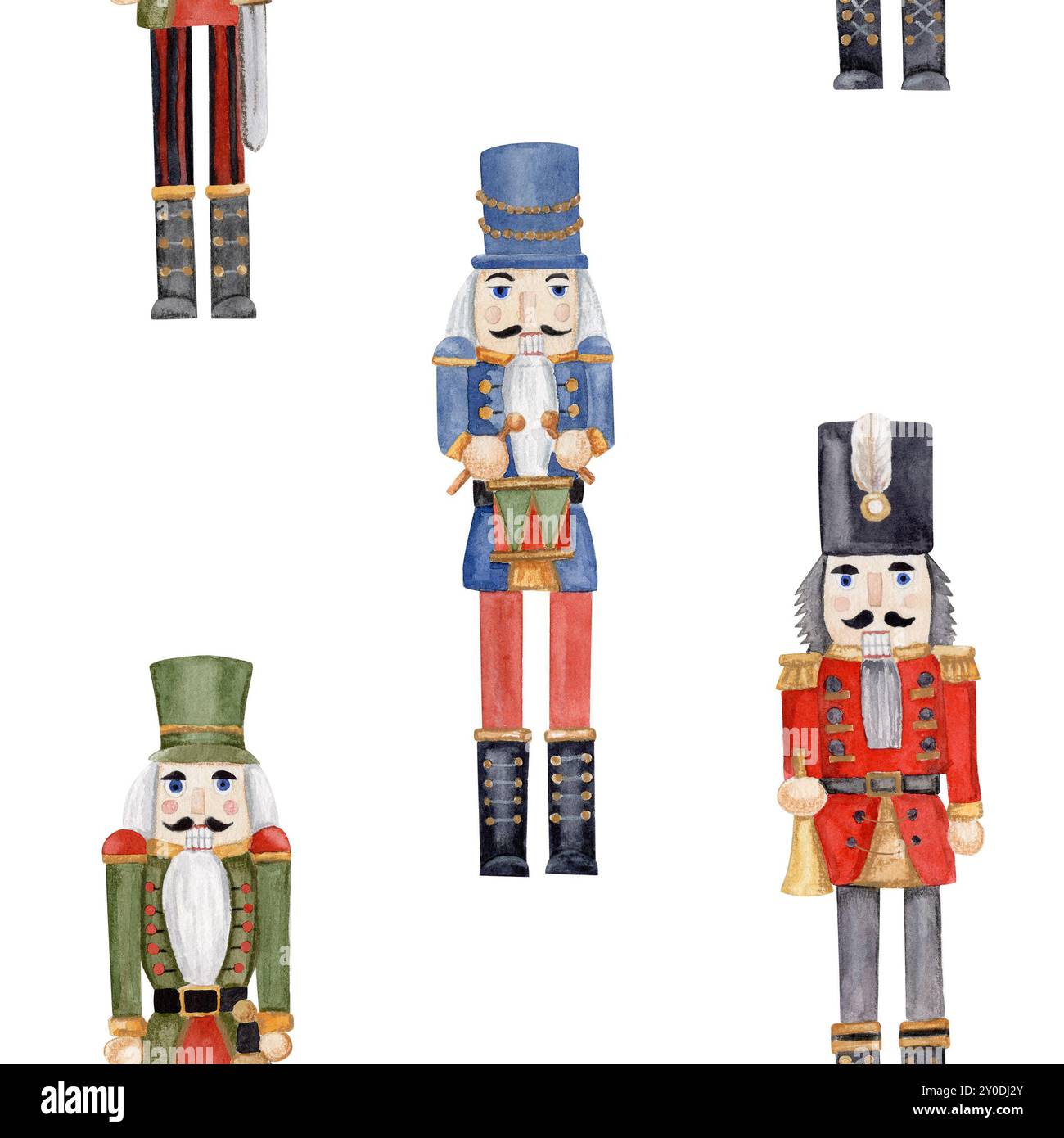 watercolor seamless pattern with three different nutcrackers, with a sword, with a trumpet and with a drum on white background. Stock Photo