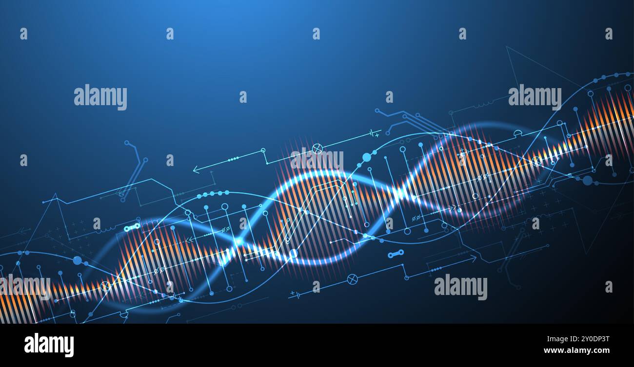 Scientific and technological background. Image of dna molecule with technological elements. Hand drawn vector. Stock Vector
