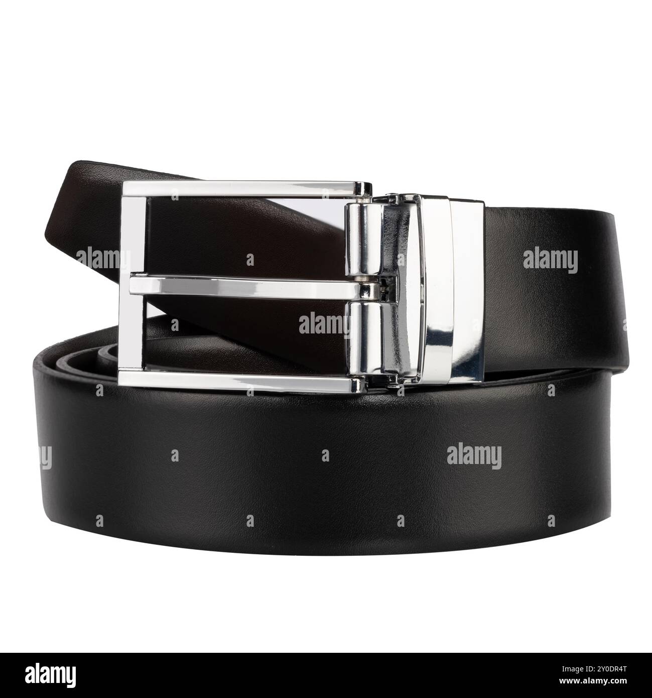 Black Leather Belt with Silver Buckle Stock Photo
