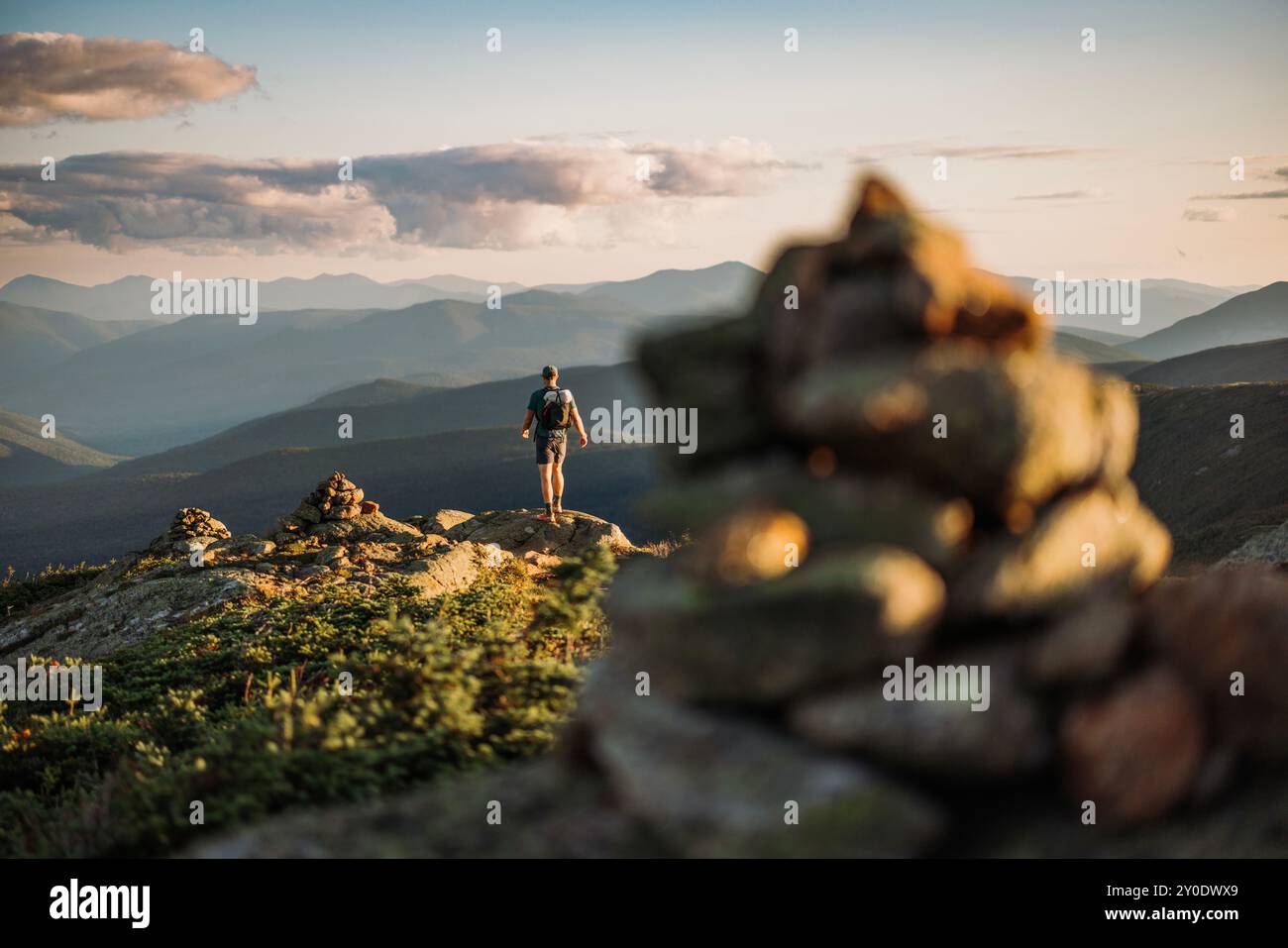 Epic Sunset Mountain Views For Male Hiker In New Hampshire Stock Photo