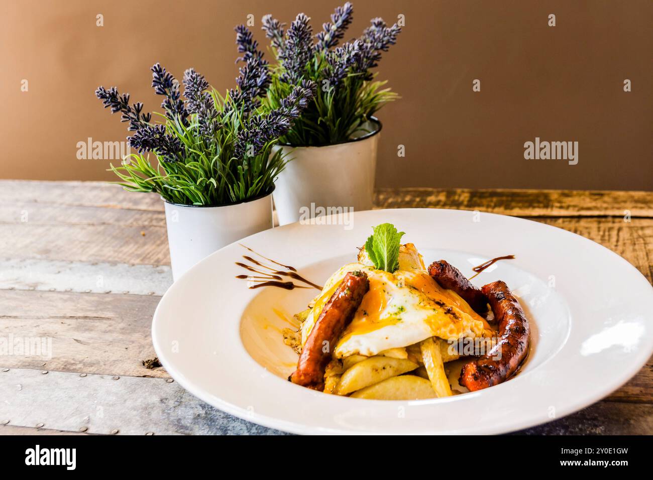 Scrambled eggs with chistorra, S'Escrivania restaurant, Porreres, Mallorca, Balearic Islands, Spain, Europe Stock Photo