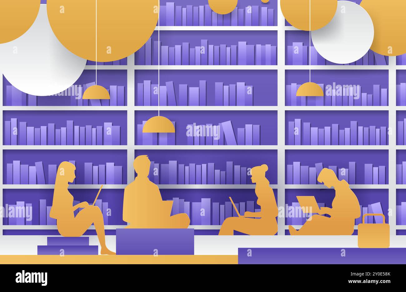Library scene with people reading and working. Silhouette figures of ...
