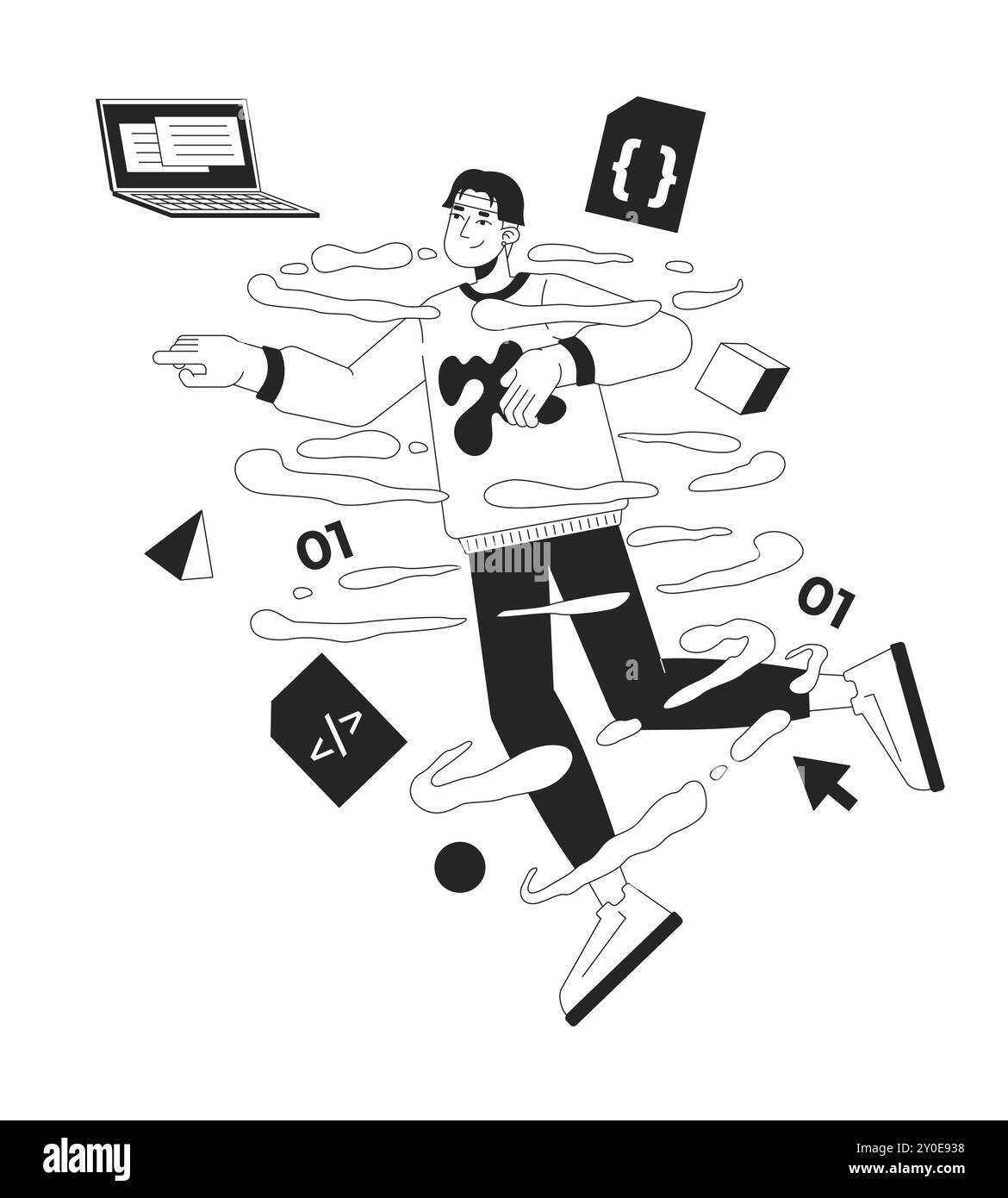 Asian man web developer in coding whirlpool black and white 2D illustration concept Stock Vector