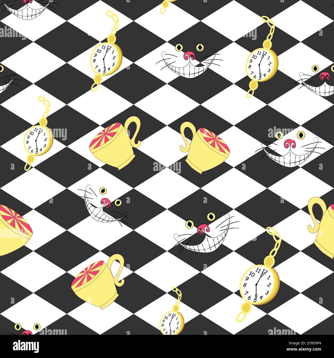 Alice in Wonderland seamless pattern. Cups and clocks, time to drink ...