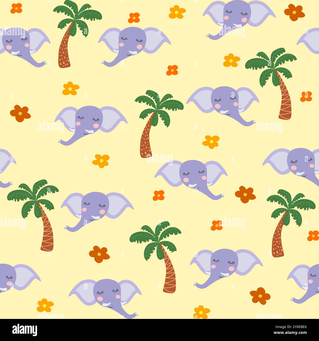 Seamless pattern with cute elephant animal faces. Illustration in boho style, dream catcher, cactus, palm trees, tropics Stock Vector