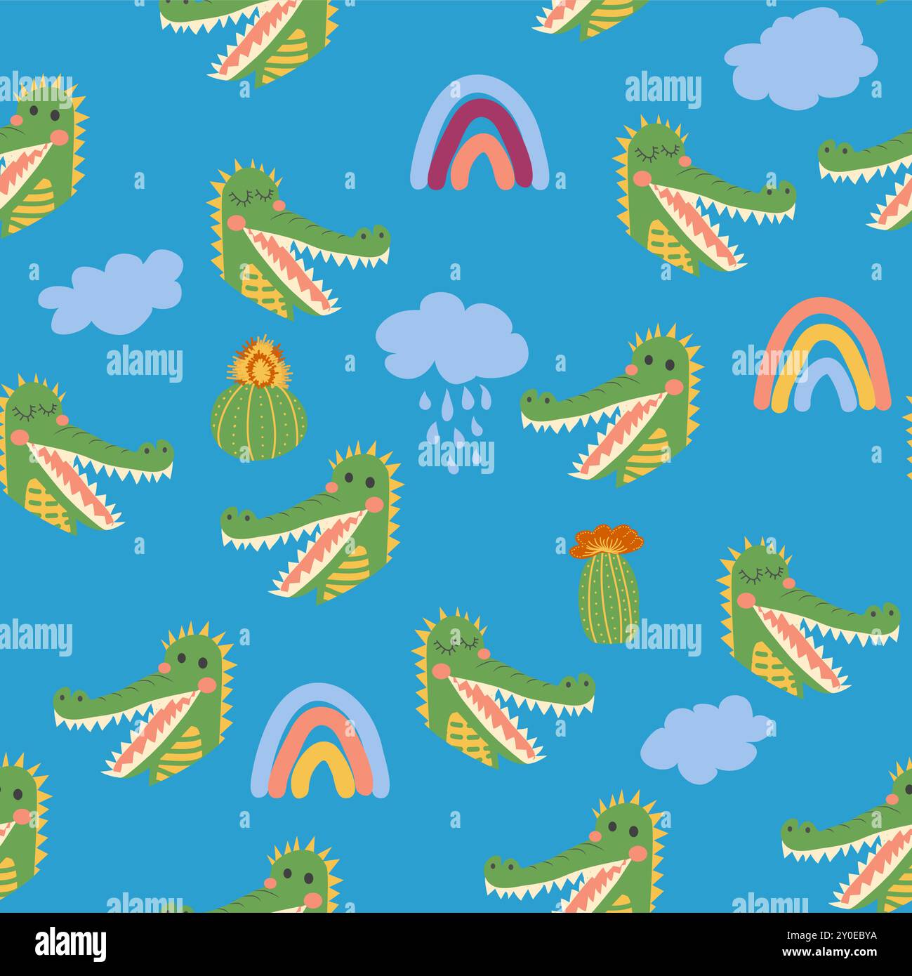 Seamless pattern with cute crocodile animal faces. Illustration in boho style, dream catcher, cactus, palm trees, tropics Stock Vector