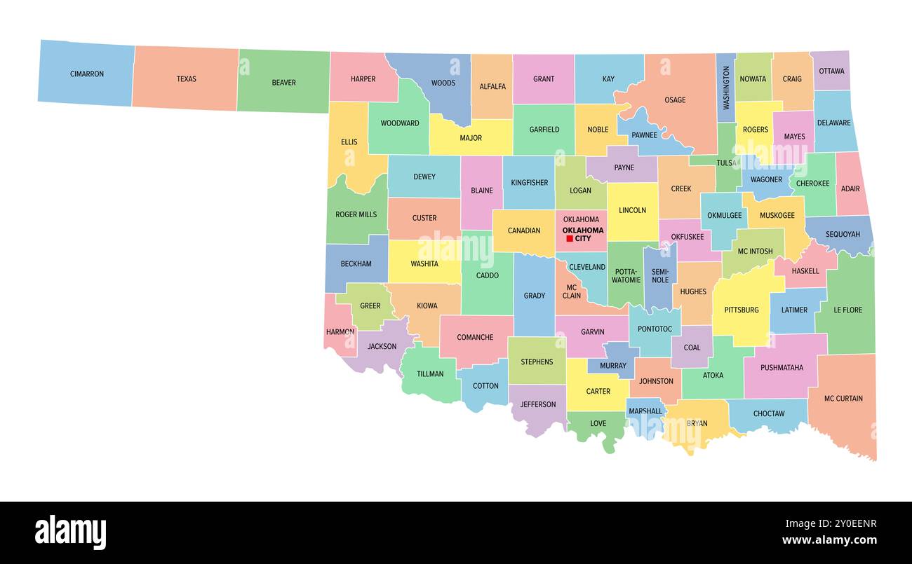 Oklahoma U S State Subdivided Into 77 Counties Multi Colored Oklahoma Us State Subdivided Into 77 Counties Multi Colored Political Map With Capital Oklahoma City Borders And County Names 2Y0EENR