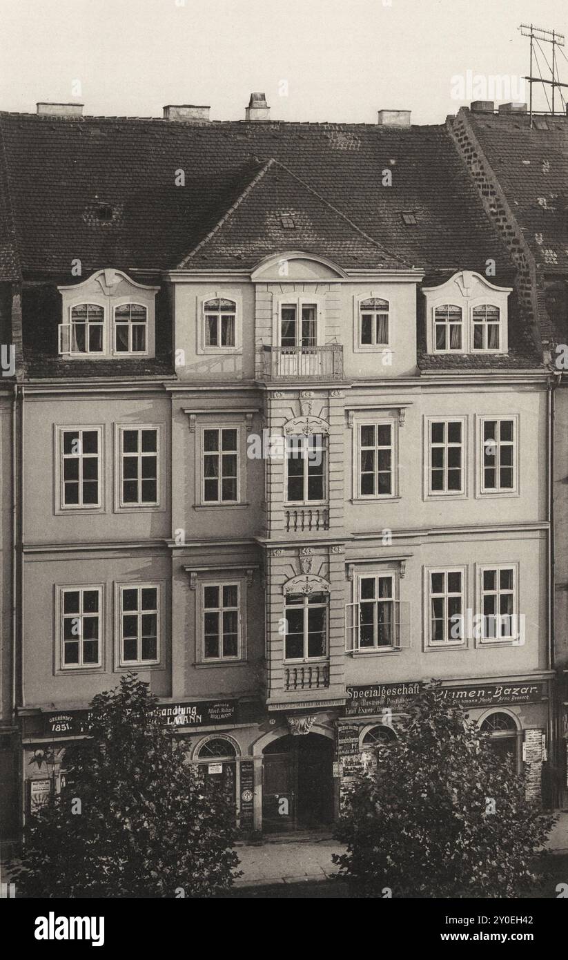 Vintage photo of Dresden. Old house on Hauptstrasse No. 22 in 1903. Germany The house is by an artist with a finer hand and is close to the Huguenot buildings of the time. The calmness in the treatment of the simple and elegant architectural forms, the restraint in the use of decoration characterise the building among contemporary works. Stock Photo