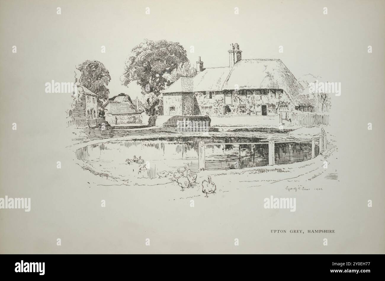 Old English country cottages. Vintage illustration of cottage at Upton Grey, Hampshire. 1900s Stock Photo