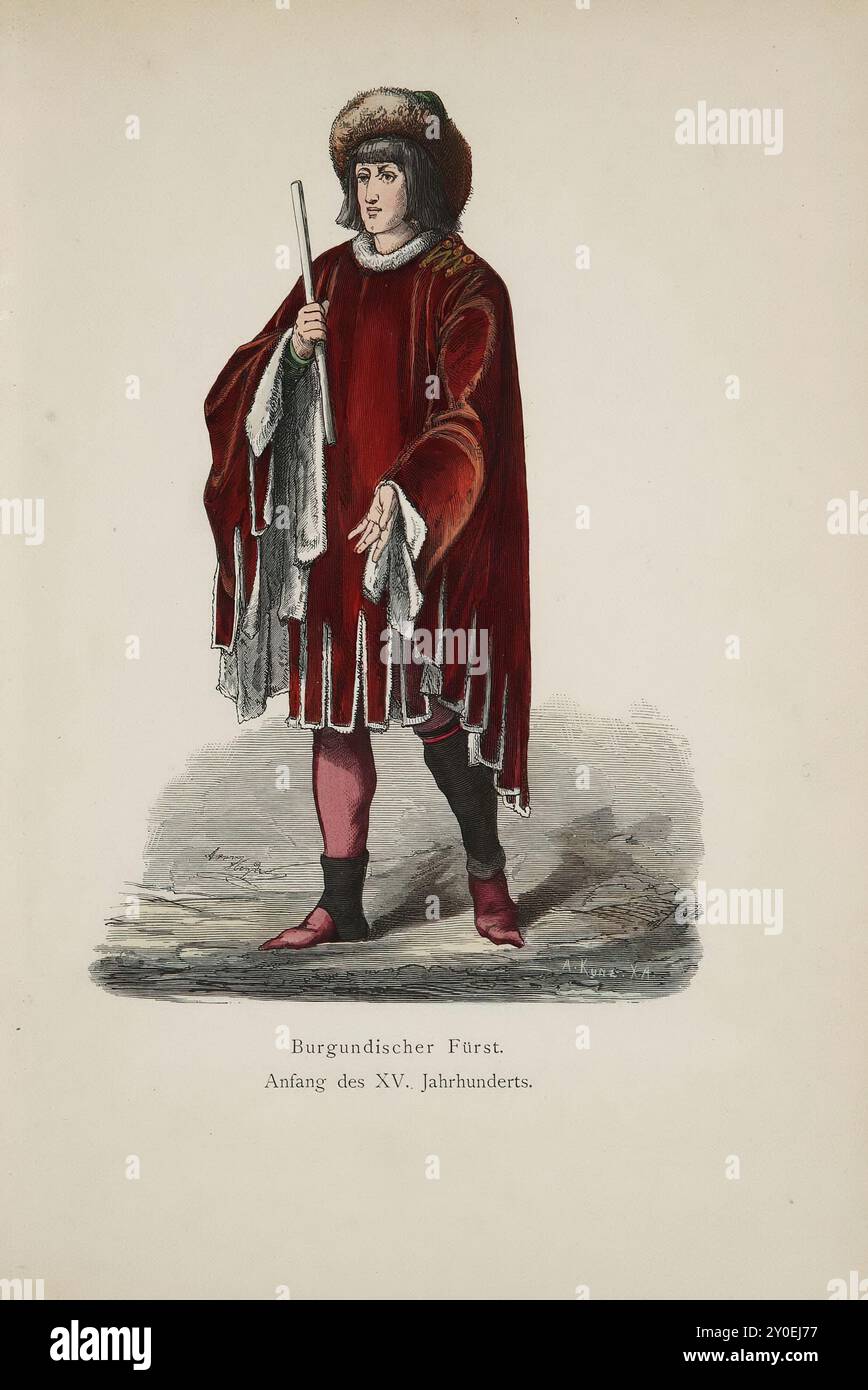 Historical and folk costumes of Europe. Burgundian prince. Beginning of the 15th century. Our knight is wearing what is known as a hoike. Bell-shaped and rather narrow at the shoulders, it has a hole for the neck that widens to the sleeve seam of the left shoulder for ease of dressing, but is closed here by three gold buttons. The hoike in our picture only just reaches below the knee. But the garment often reached down to the floor, especially in England; the sleeves are wide, bell-shaped, with laces at the hem and longer than the skirt. The garment depicted here is made of purple velvet and l Stock Photo