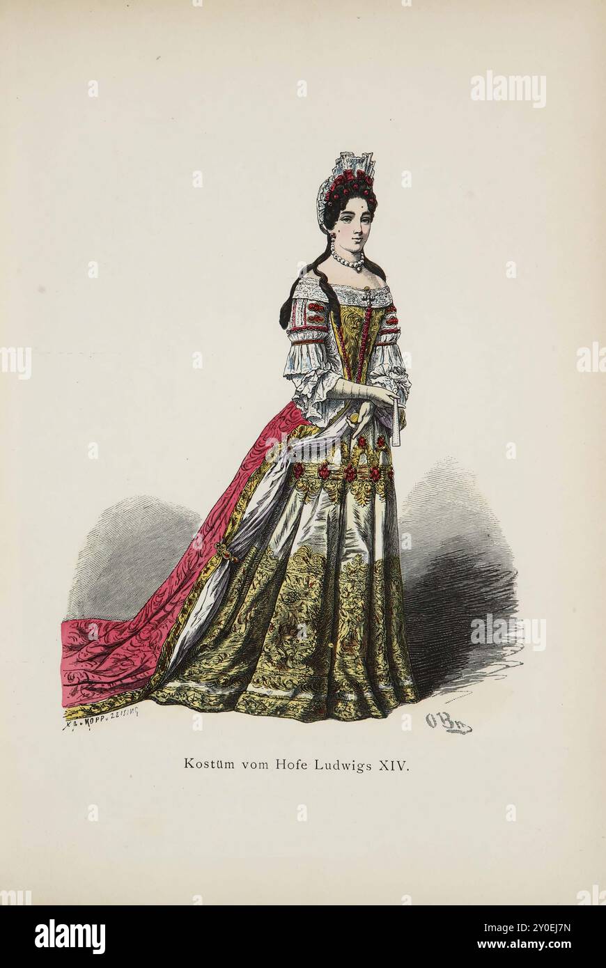 Historical and folk costumes of Europe. Nobelwoman costume from the court of Louis XIV. Elisabeth Charlotte Herzogin von Lothringen. 1698 The last years of the 17th century saw the increasing use of