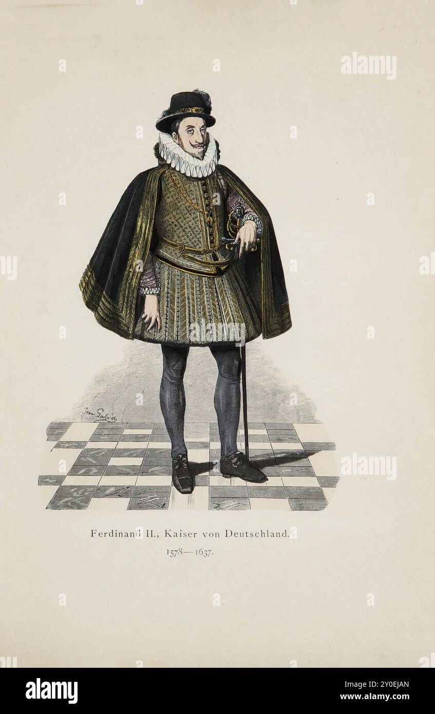 Historical and folk costumes of Europe. Ferdinand II, Holy Roman Emperor 1578-1637 Ferdinand II, a son of Duke Charles of Styria, born on 9 July 1578 in Graz, was appointed King of Bohemia and Hungary during the lifetime of the childless Emperor Matthias, in 1617 and 1618. One year after the outbreak of the Thirty Years' War, in 1619, he became emperor, and in the midst of the turmoil of the same, on 15 February 1637, he died. The heavily starched collar and cuffs are still of the size that was usual during the time of Henry IV of France (1593-1610). The tabard is close-fitting to the body and Stock Photo