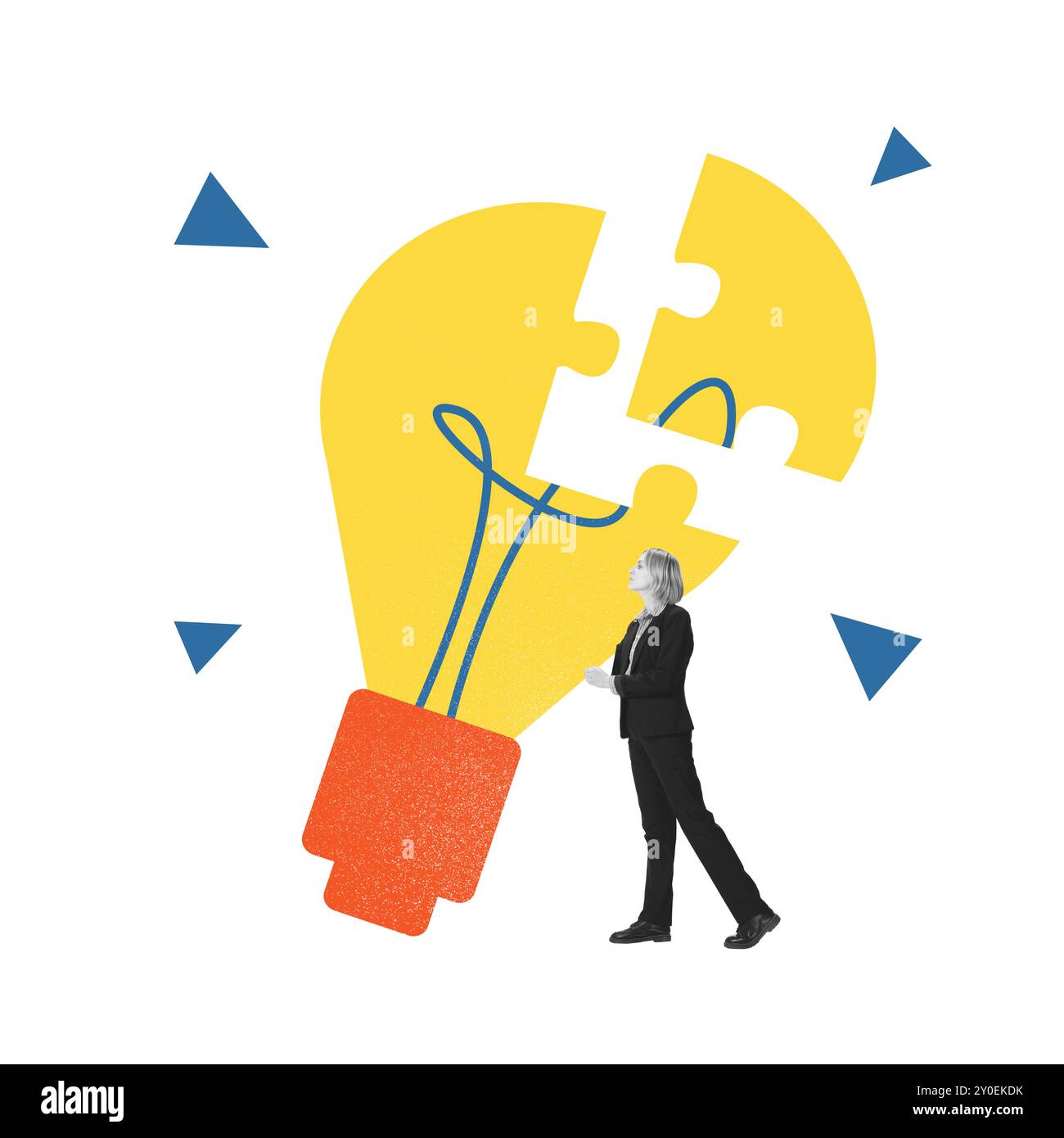 Poster. Contemporary art collage. Woman completes puzzle piece on