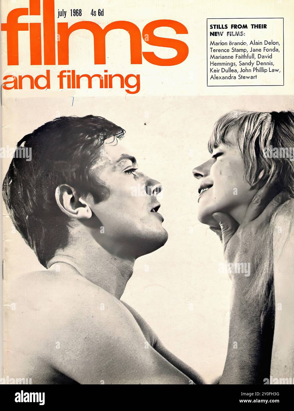 Films and Filming Jul 1968 - Vintage magazine cover -  Photographer unknow - Text transcription  [ films july 1968 4s 6d and filming STILLS FROM THEIR NEW FILMS: Marlon Brando, Alain Delon, Terence Stamp, Jane Fonda, Marianne Faithfull, David Hemmings, Sandy Dennis, Keir Dullea, John Phillip Law, Alexandra Stewart  ] FOR EDITORIAL USE ONLY ! Stock Photo