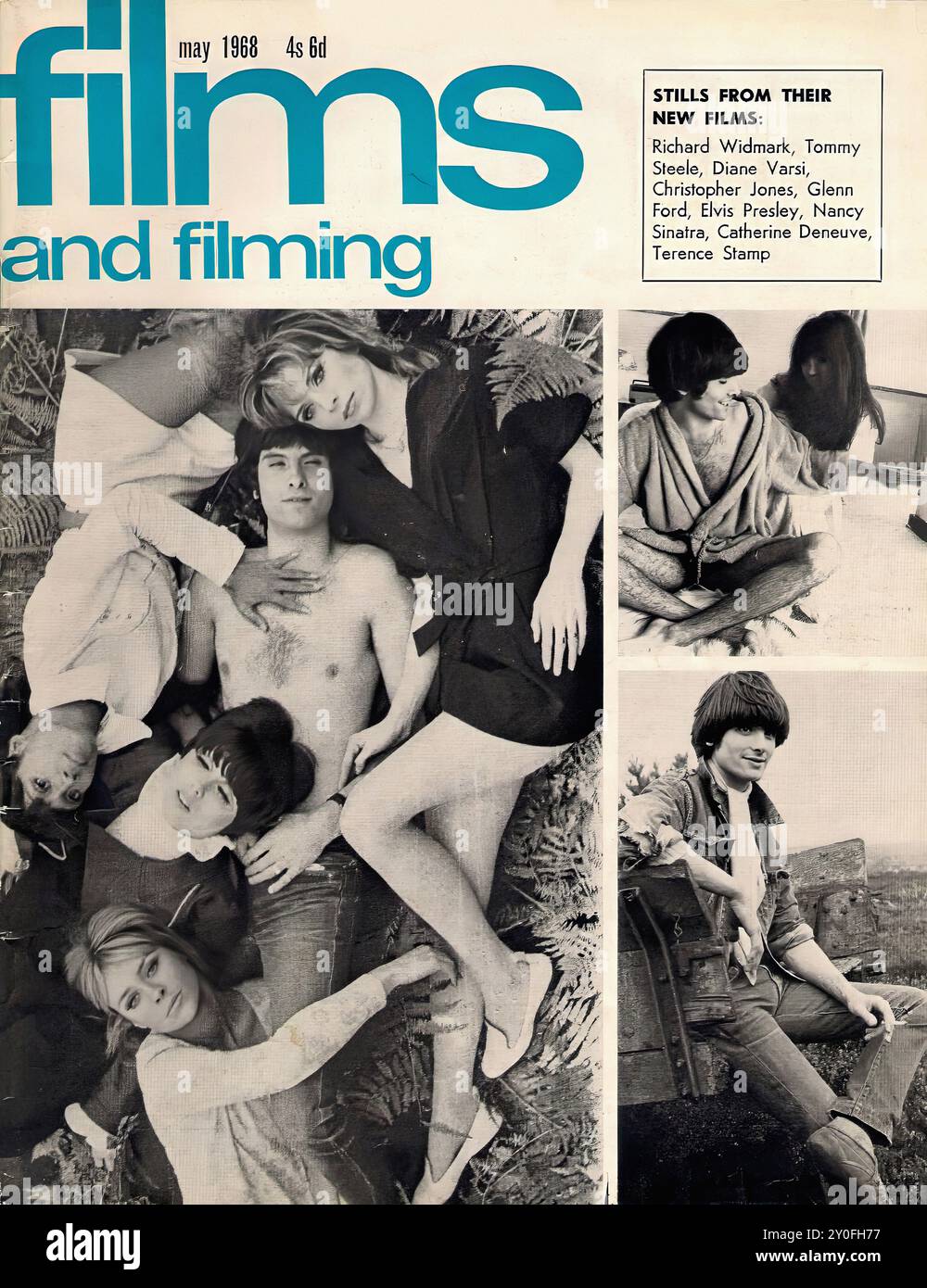 Films and Filming May 1968 - Vintage magazine cover -  Photographer unknow - Text transcription  [  may 1968 4s 6d films and filming STILLS FROM THEIR NEW FILMS: Richard Widmark, Tommy Steele, Diane Varsi, Christopher Jones, Glenn Ford, Elvis Presley, Nancy Sinatra, Catherine Deneuve, Terence Stamp  ] FOR EDITORIAL USE ONLY ! Stock Photo