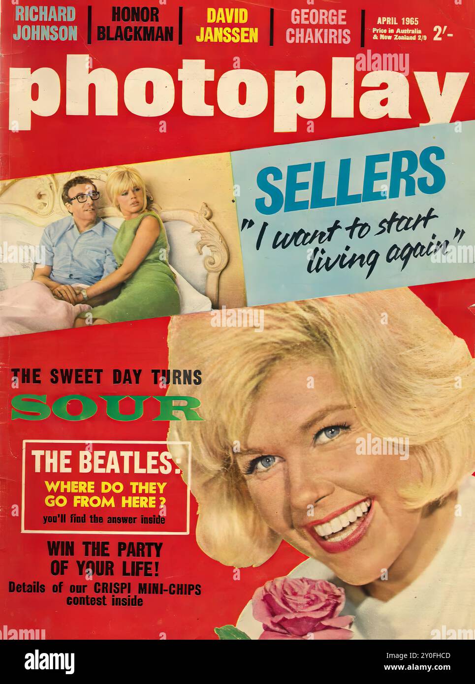 Photoplay Apr 1965 - Vintage magazine cover -  Photographer unknow - Text transcription  [  RICHARD JOHNSON | HONOR BLACKMAN DAVID JANSSEN GEORGE CHAKIRIS APRIL 1965 Price in Australia & New Zealand 2/9 2'- photoplay SELLERS 'I want to start living again' THE SWEET DAY TURNS R THE BEATLES: WHERE DO THEY GO FROM HERE? you'll find the answer inside WIN THE PARTY OF YOUR LIFE! Details of our CRISPI MINI-CHIPS contest inside ] FOR EDITORIAL USE ONLY ! Stock Photo