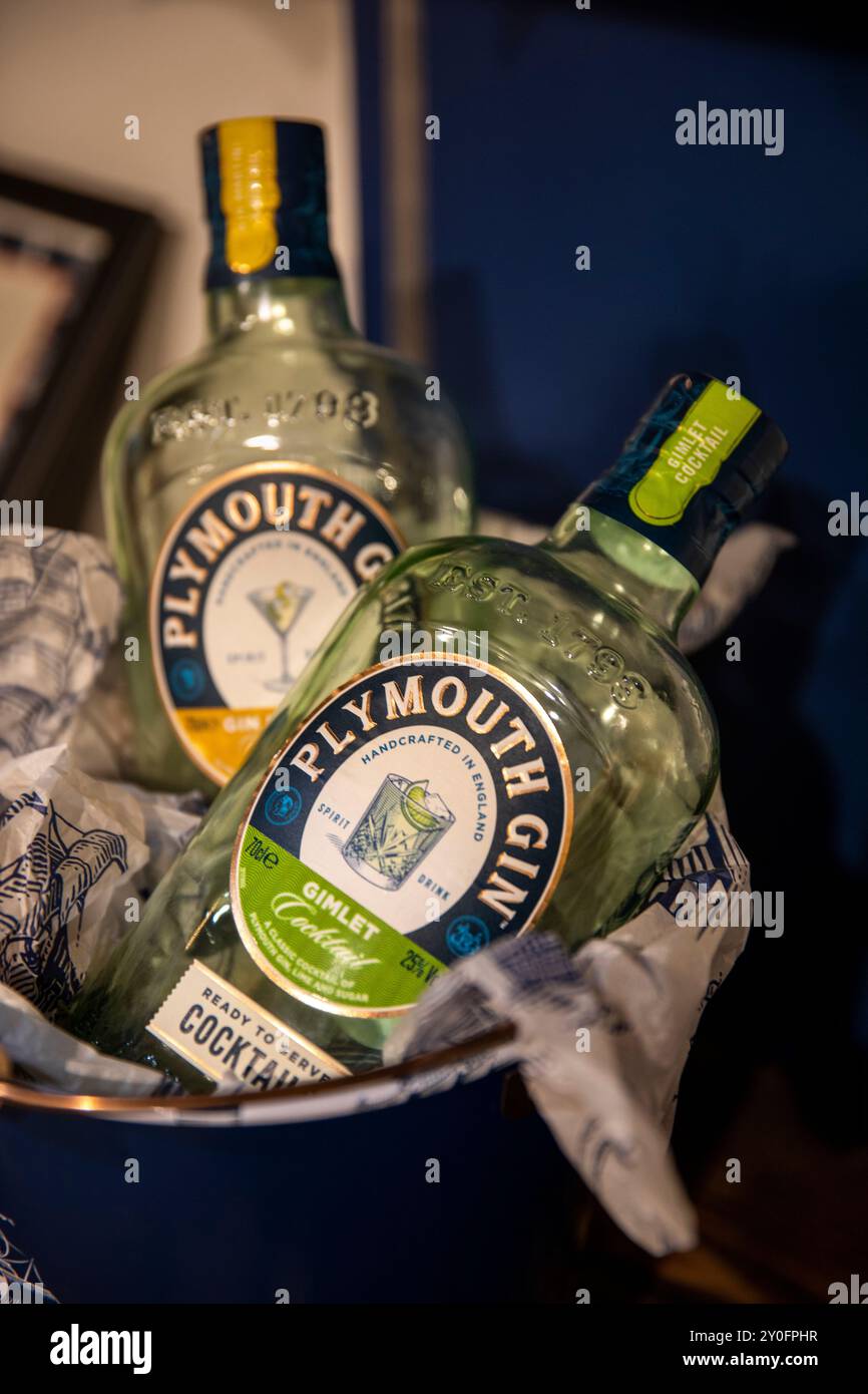 UK, England, Devon, Plymouth, Barbican, Southside Street, Plymouth Gin distillery, gin bottle Stock Photo
