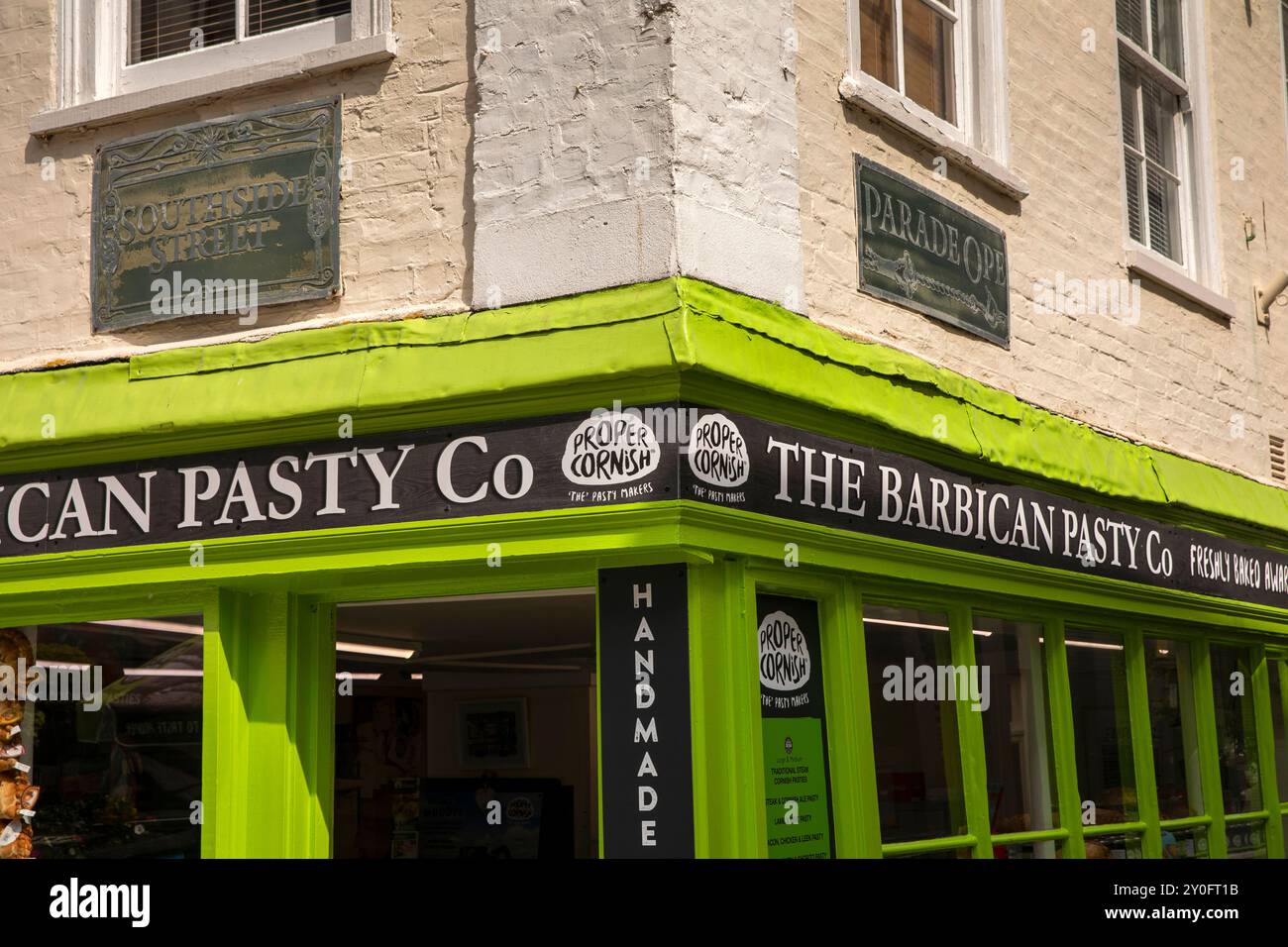 UK, England, Devon, Plymouth, Barbican, Southside Street, pastie shop on corner of Parade Ope lane, ornate street name signs Stock Photo
