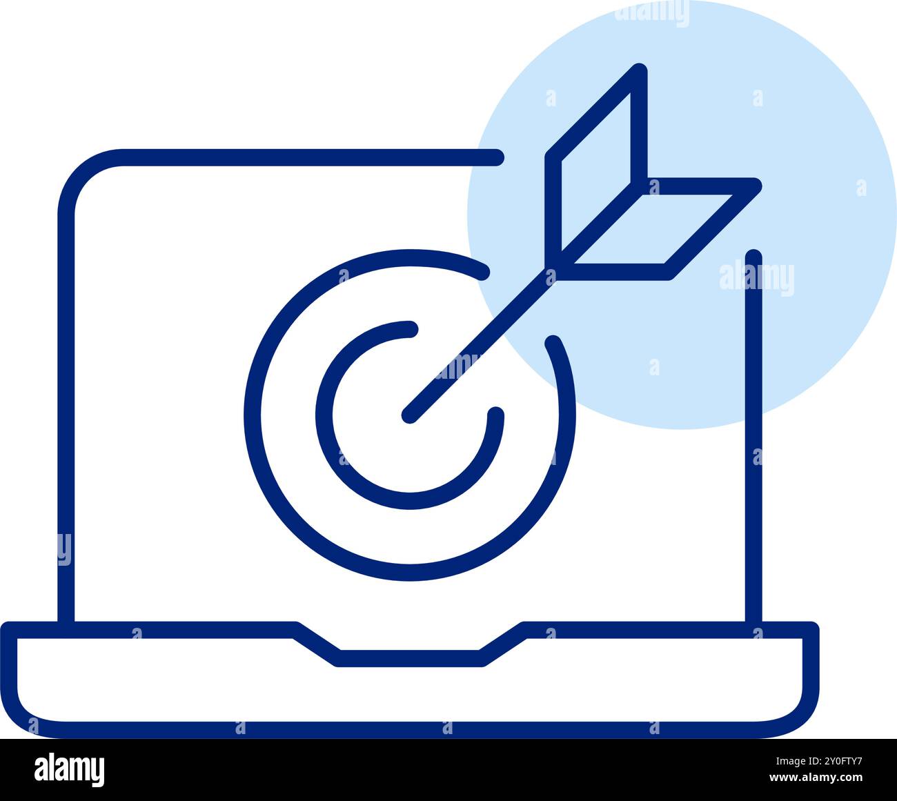 Arrow hitting target on laptop screen. Desktop optimization, precise web analytics or market targeting. Pixel perfect, editable stroke icon Stock Vector