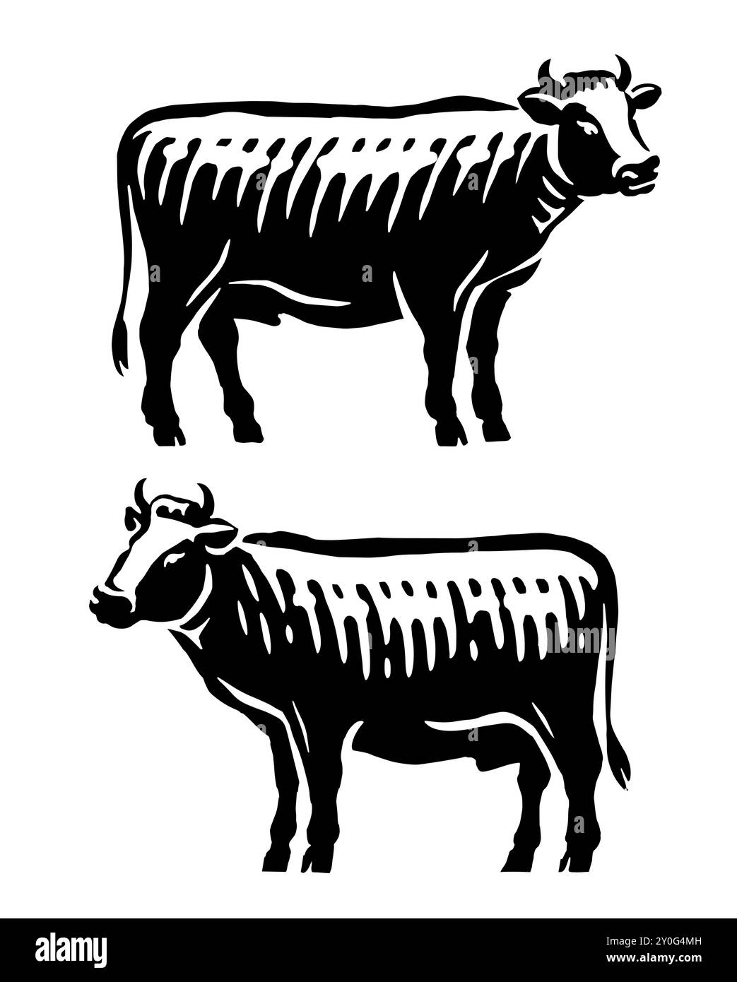 Bull side view silhouette. Farm cattle animal emblem vector. Black and white drawing for restaurant grill menu Stock Vector