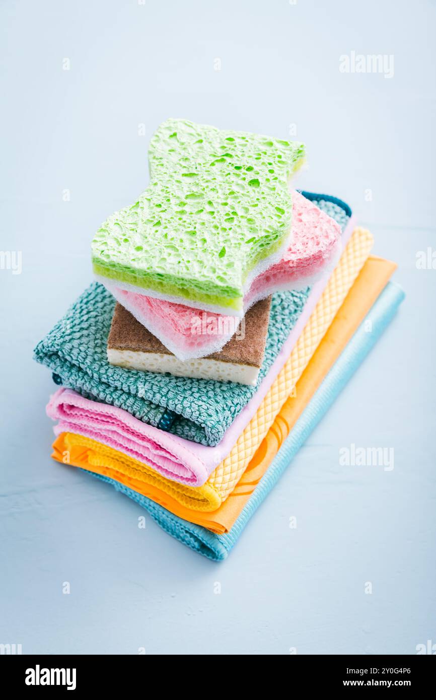 Assortment of different sponges and cleanings rags, with fiber cloth and duster microfiber cloth Stock Photo