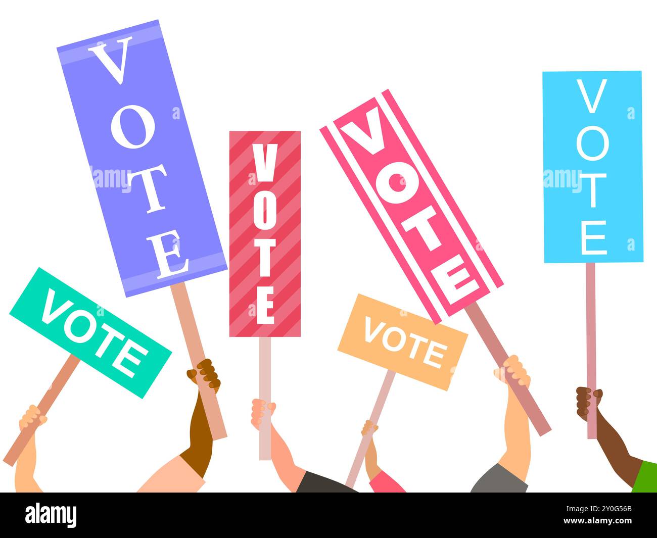 Hands holding placards with the word 'vote'. Election support group. Voter support, crowd with posters. Election campaign, agitation. Design for banne Stock Vector