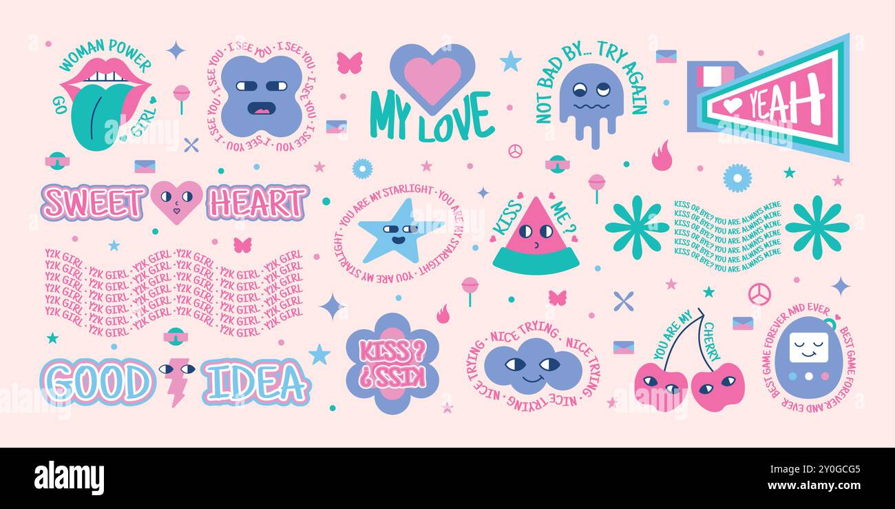 Retro stickers. Cool emoji smile. Happy trendy pop art icons or modern ...