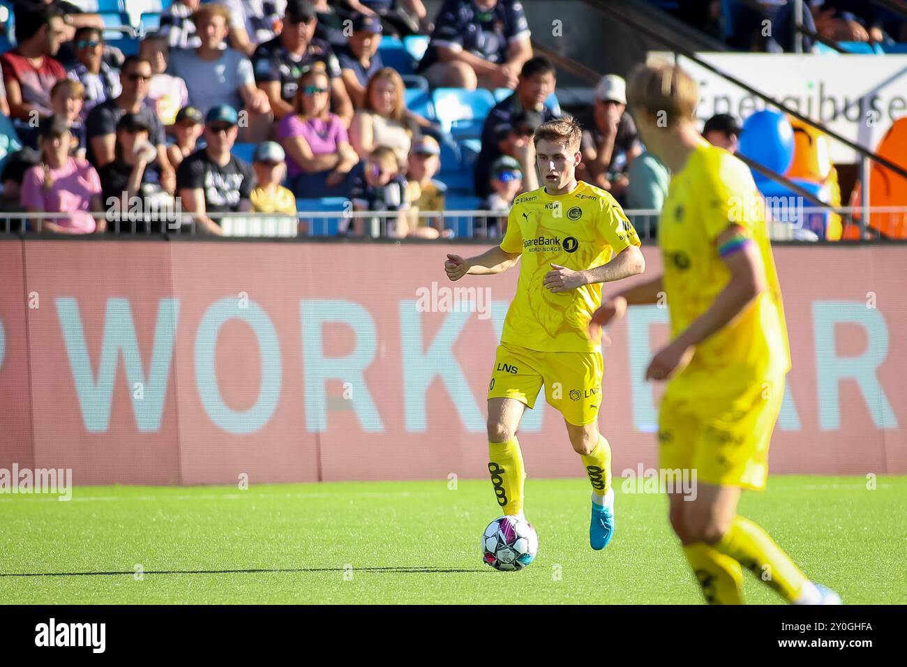 Drammen, Norway, 1st September 2024. Bodø/Glimt's Fredrik Sjøvold on the ball in the Eliteserien match between Strømsgodset and Bodø/Glimt at Marienlyst stadium.   Credit: Frode Arnesen/Alamy Live News Stock Photo