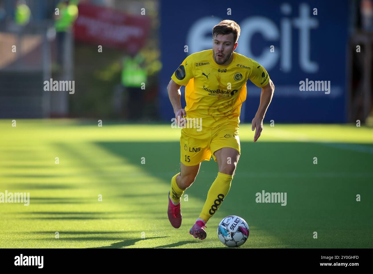 Drammen, Norway, 1st September 2024. Bodø/Glimt's Fredrik Bjørkan on the ball in the Eliteserien match between Strømsgodset and Bodø/Glimt at Marienlyst stadium.   Credit: Frode Arnesen/Alamy Live News Stock Photo