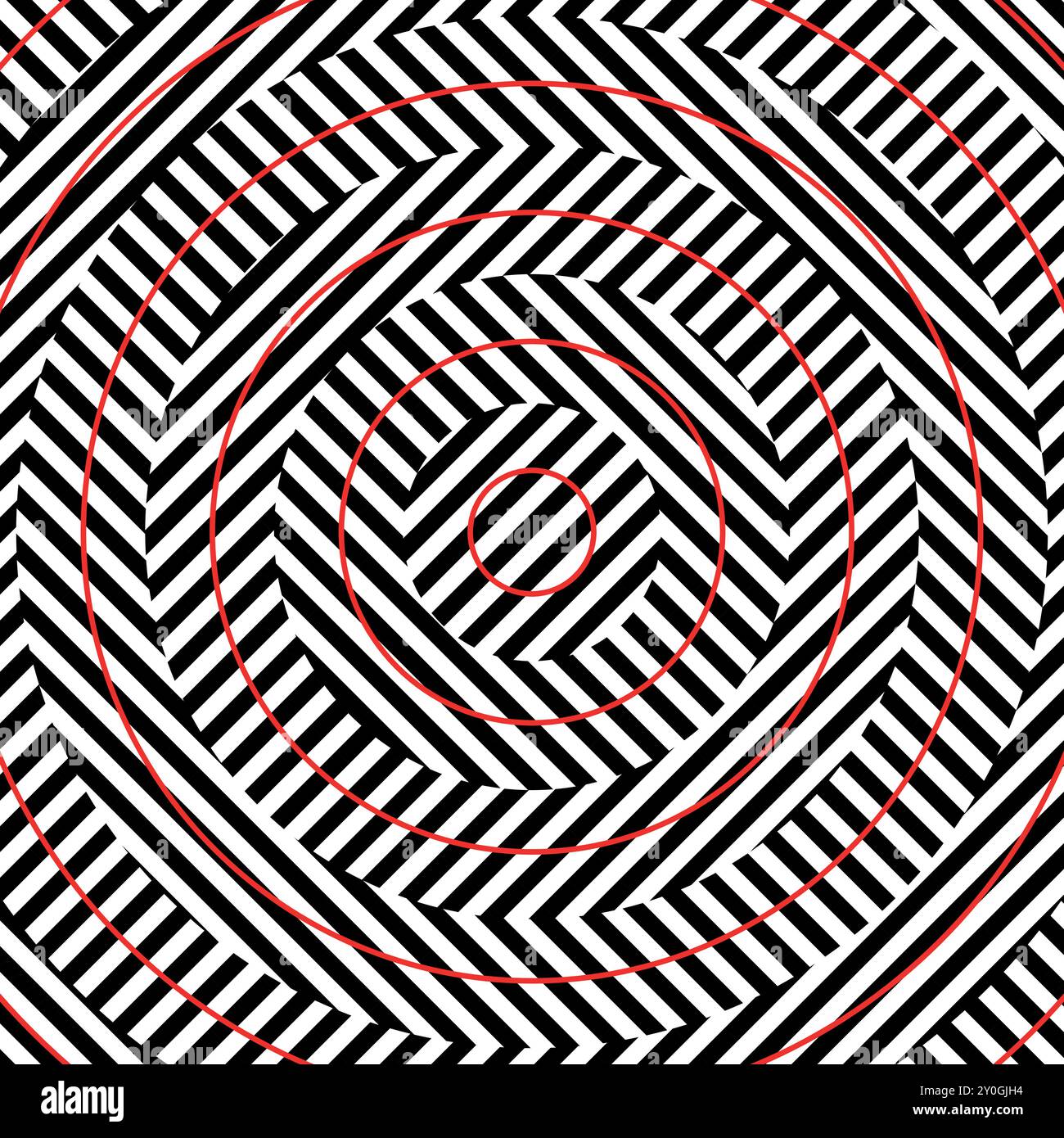 Black and white diagonal stripes with red concentric circles creating a mesmerizing optical illusion Stock Vector