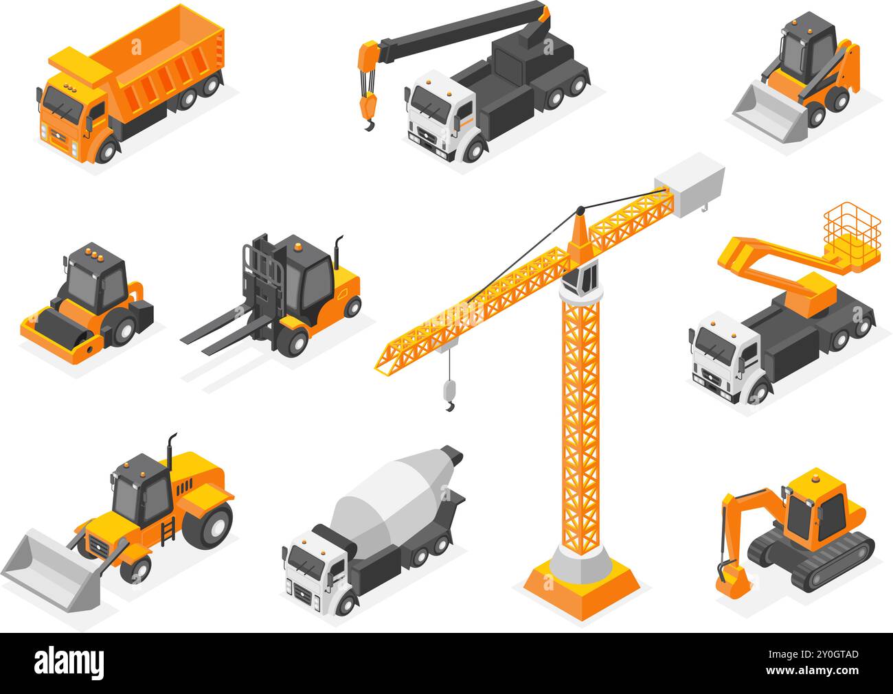Isometric construction equipment. Special transport for building, truck crane bulldozer and machineries. 3d vehicles and trucks, flawless vector Stock Vector