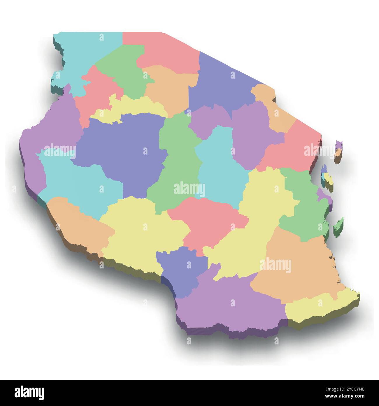 3d isometric colored map of Tanzania with borders of regions Stock ...