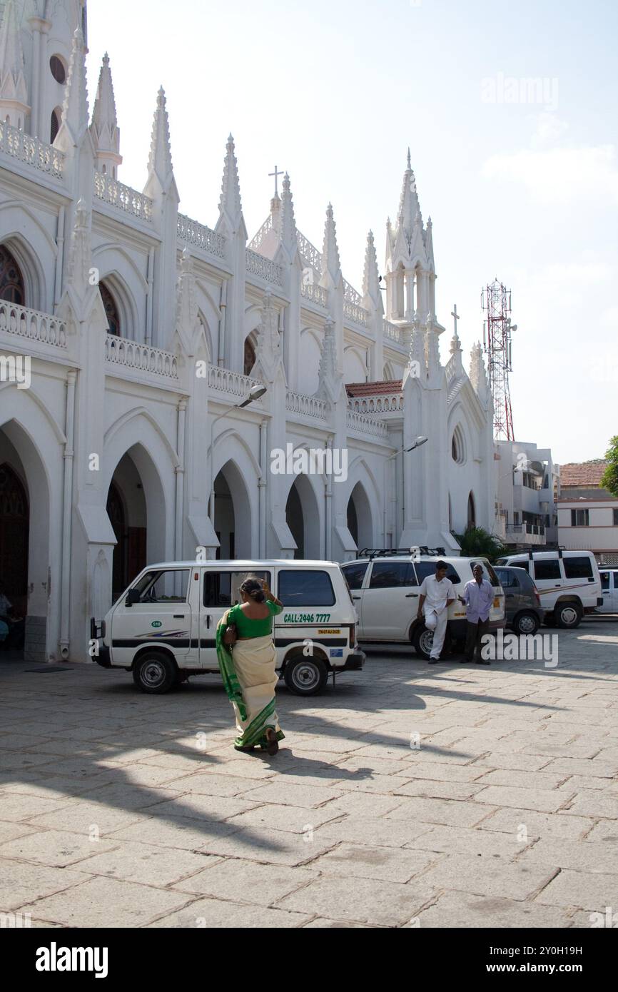 Side view of St Thomas Cathedral, Basilica, Chennai, Tamil Nadu, India.  San Thome Church, officially known as St Thomas Cathedral Basilica and Nation Stock Photo