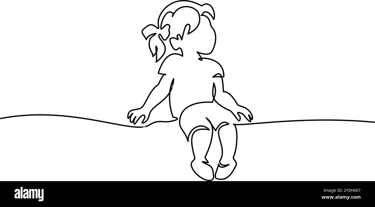 Cute baby girl sitting on the white background. Continuous one line art ...
