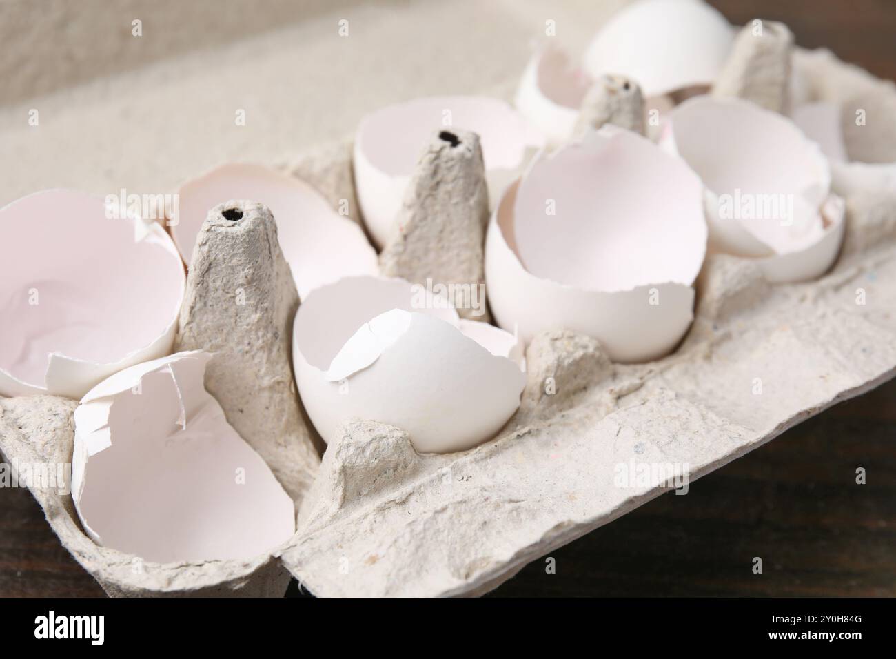 Broken eggshells in carton on table, closeup Stock Photo