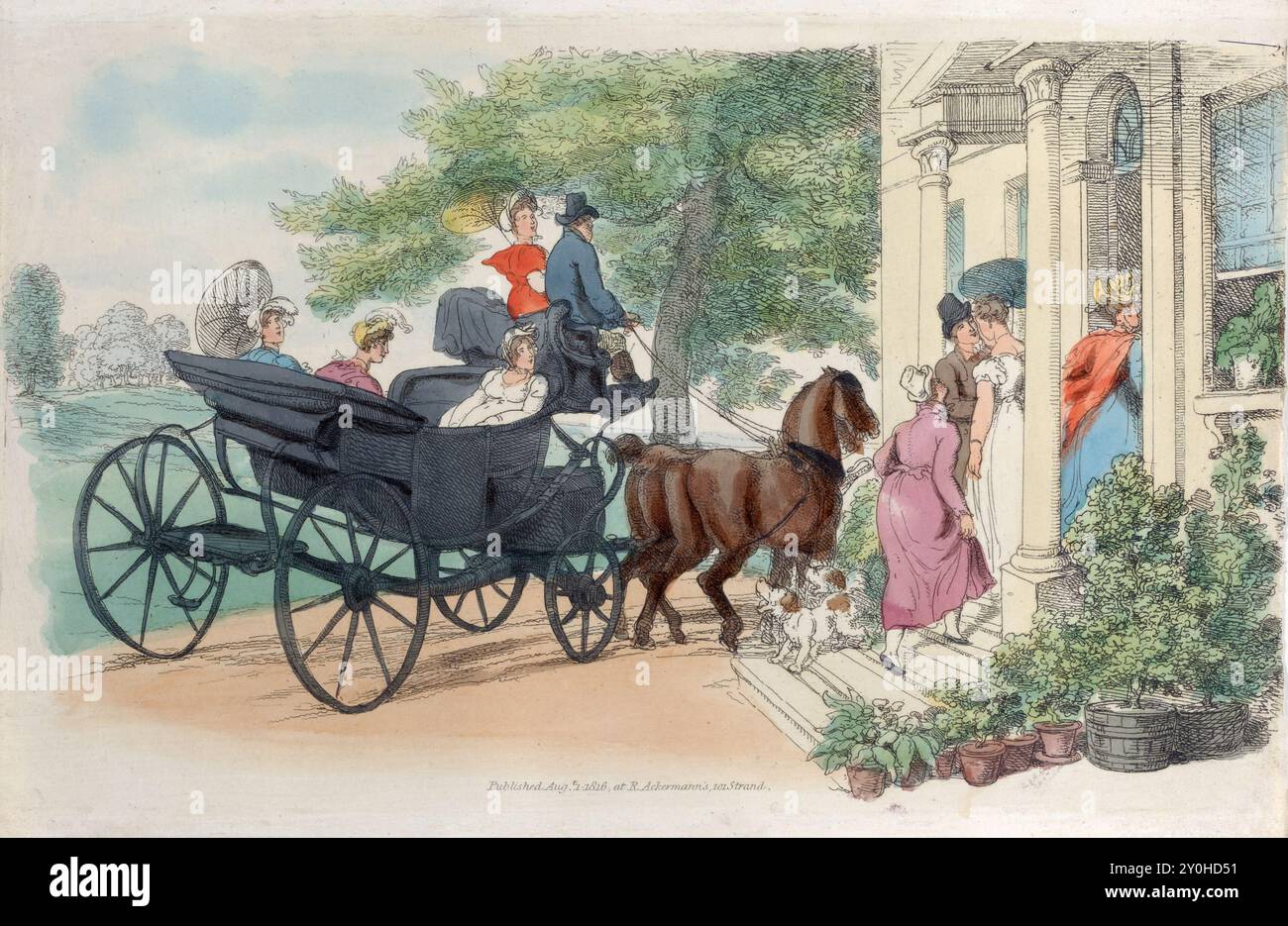 A  print coloured engraving of the world in miniature watercolour etching on paper  vintage 18th century created by Thomas Rowlandson antique print art artwork Georgian era England. Three ladies and a man enter a pillared country house at right. At left, a four-wheeled carriage arrives with three ladies and a driver in tow. Stock Photo