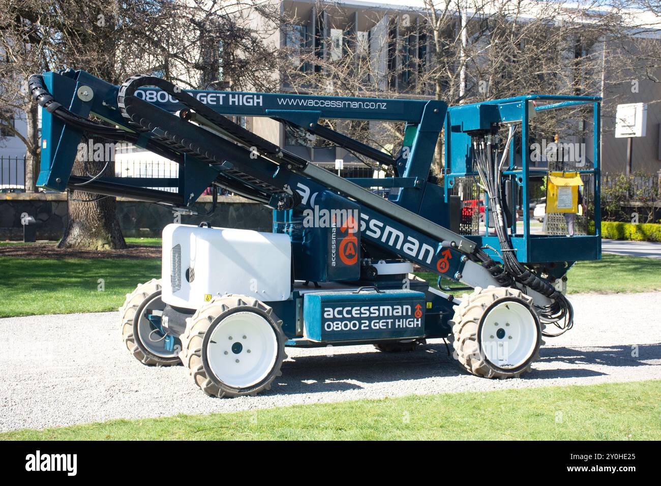 Telescopic Boom lift, Christchurch Botanical Gardens, Christchurch, Canterbury, New Zealand Stock Photo