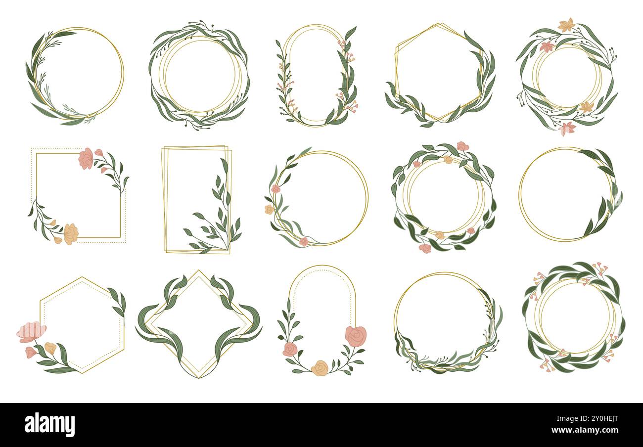 Botanical frames. Floral design templates for wedding cards minimalistic flower buds branches and leaves recent vector decorative set Stock Vector