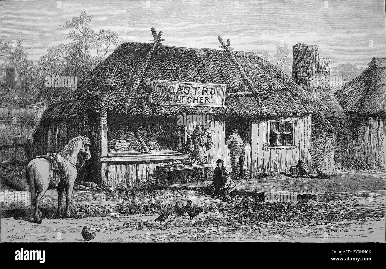 Illustration of Thomas Castro's (Arthur Orton) butcher shop in Wagga Wagga, New South Wales, Australia, before or during the Tichborne Case. Stock Photo